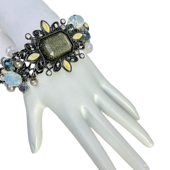 Cha Cha Bracelet Glitter Stone Blue Dangle Beads Gun Metal Chain Magnet Clasp - Picture 2 of 14